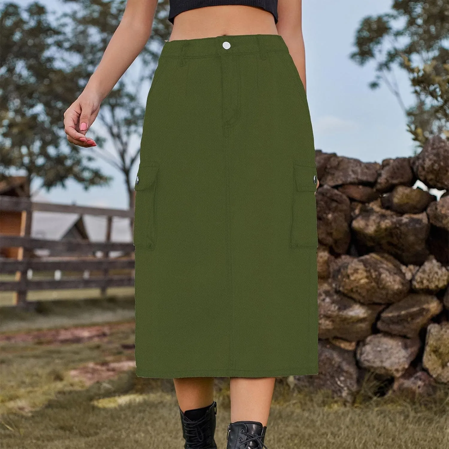 Womens Casual Denim Skirt Button High Waisted Split A-line Midi Skirt Bodycon Pencil Jean Skirt with 2 Flap Pockets