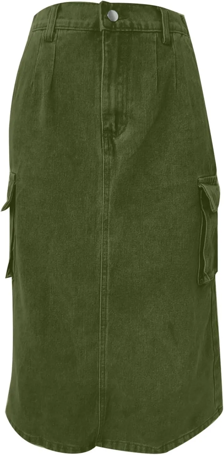 Womens Casual Denim Skirt Button High Waisted Split A-line Midi Skirt Bodycon Pencil Jean Skirt with 2 Flap Pockets
