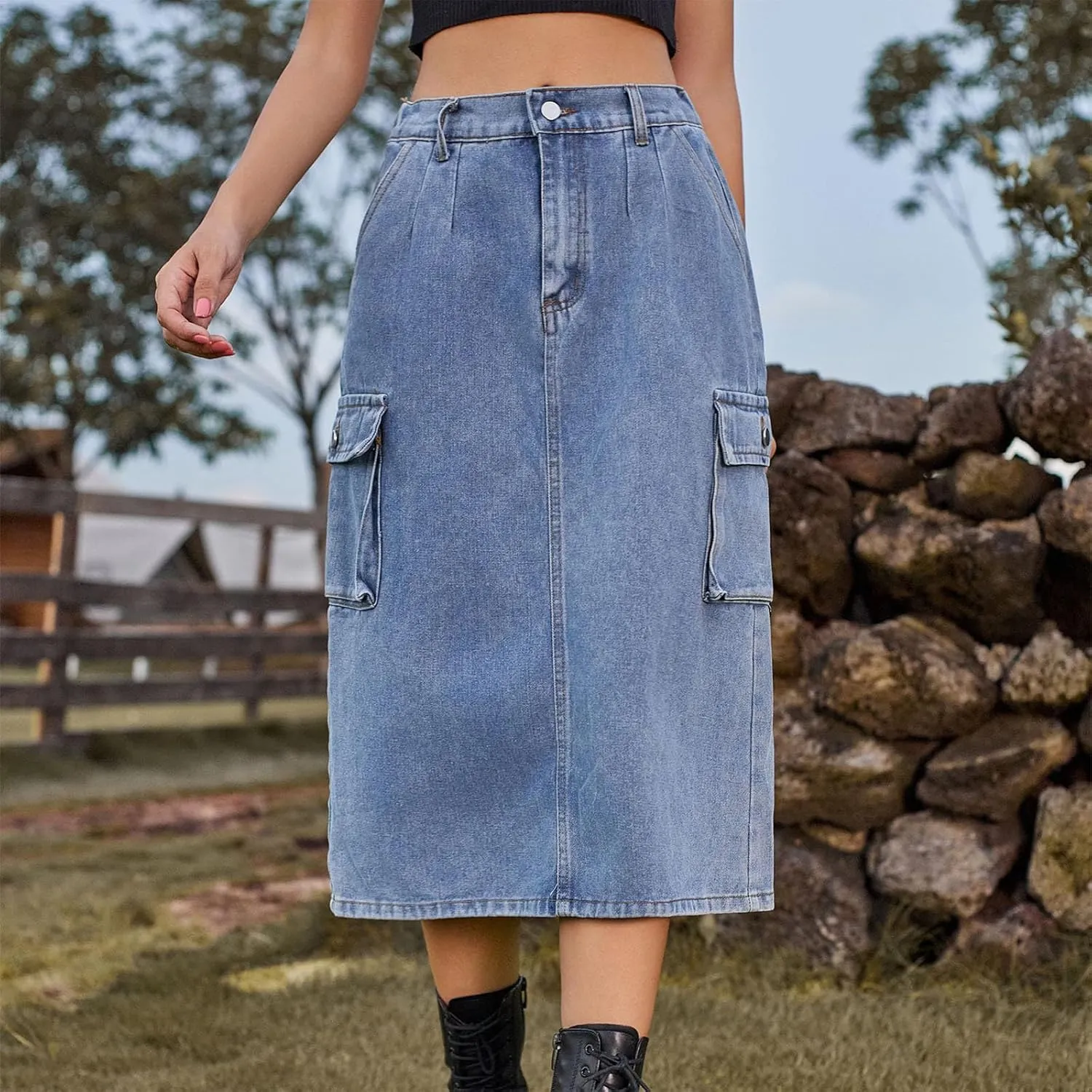 Womens Casual Denim Skirt Button High Waisted Split A-line Midi Skirt Bodycon Pencil Jean Skirt with 2 Flap Pockets