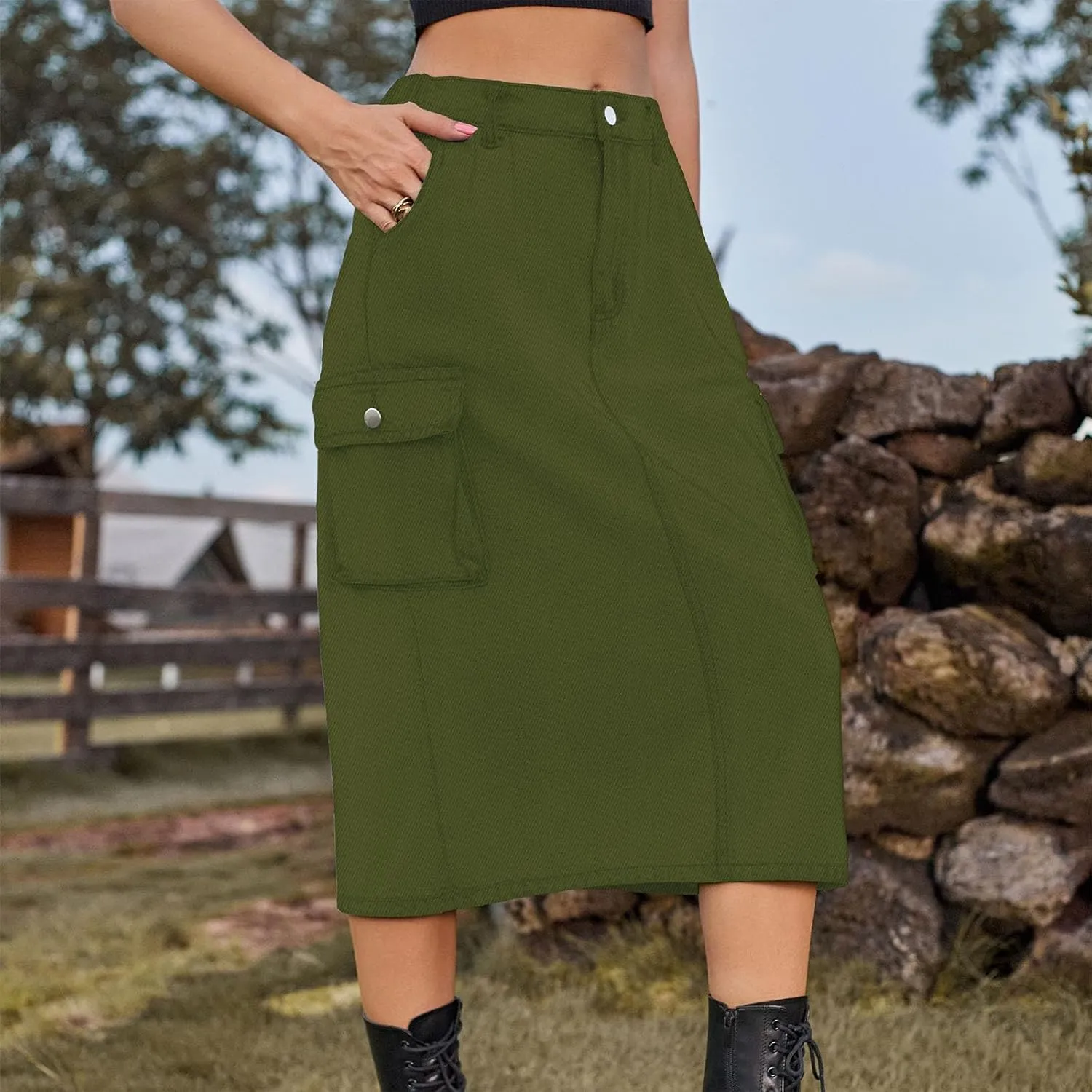 Womens Casual Denim Skirt Button High Waisted Split A-line Midi Skirt Bodycon Pencil Jean Skirt with 2 Flap Pockets