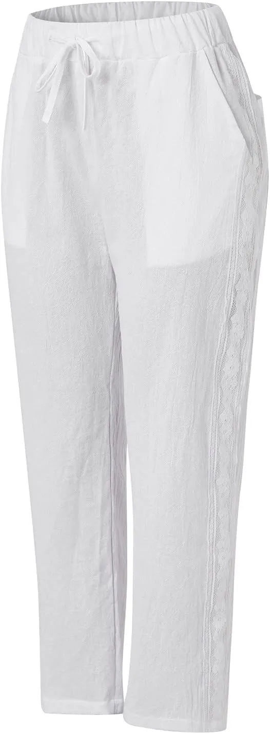 Womens Casual Embroidery Linen Pants with Pockets Drawstring Solid High Waistband Summer Beach Straight Leg Trousers
