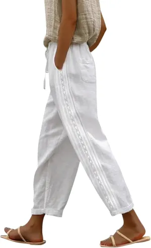 Womens Casual Embroidery Linen Pants with Pockets Drawstring Solid High Waistband Summer Beach Straight Leg Trousers