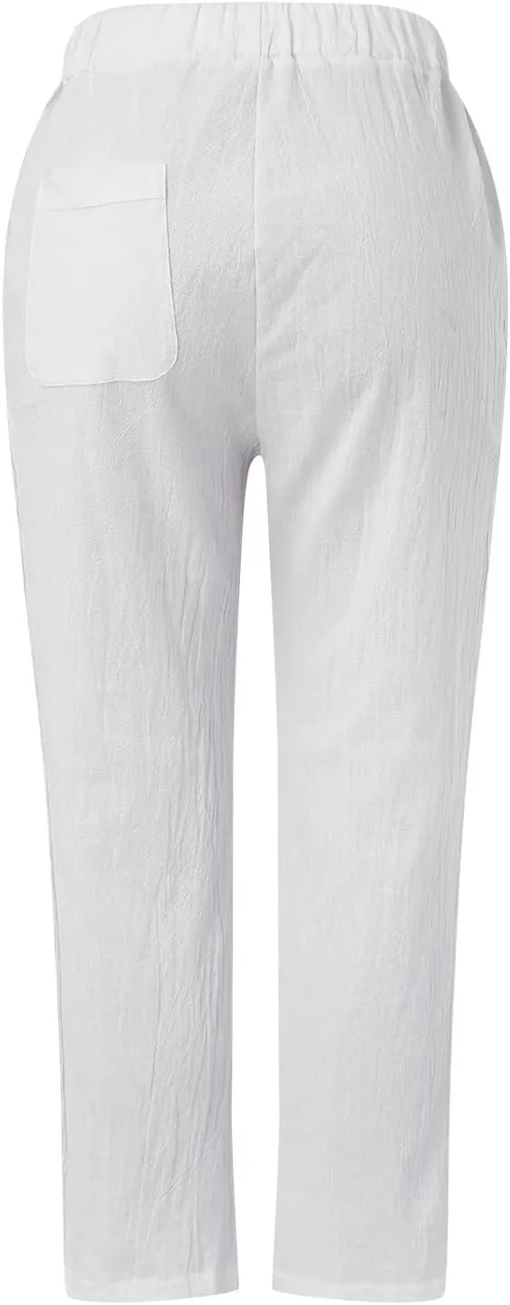 Womens Casual Embroidery Linen Pants with Pockets Drawstring Solid High Waistband Summer Beach Straight Leg Trousers