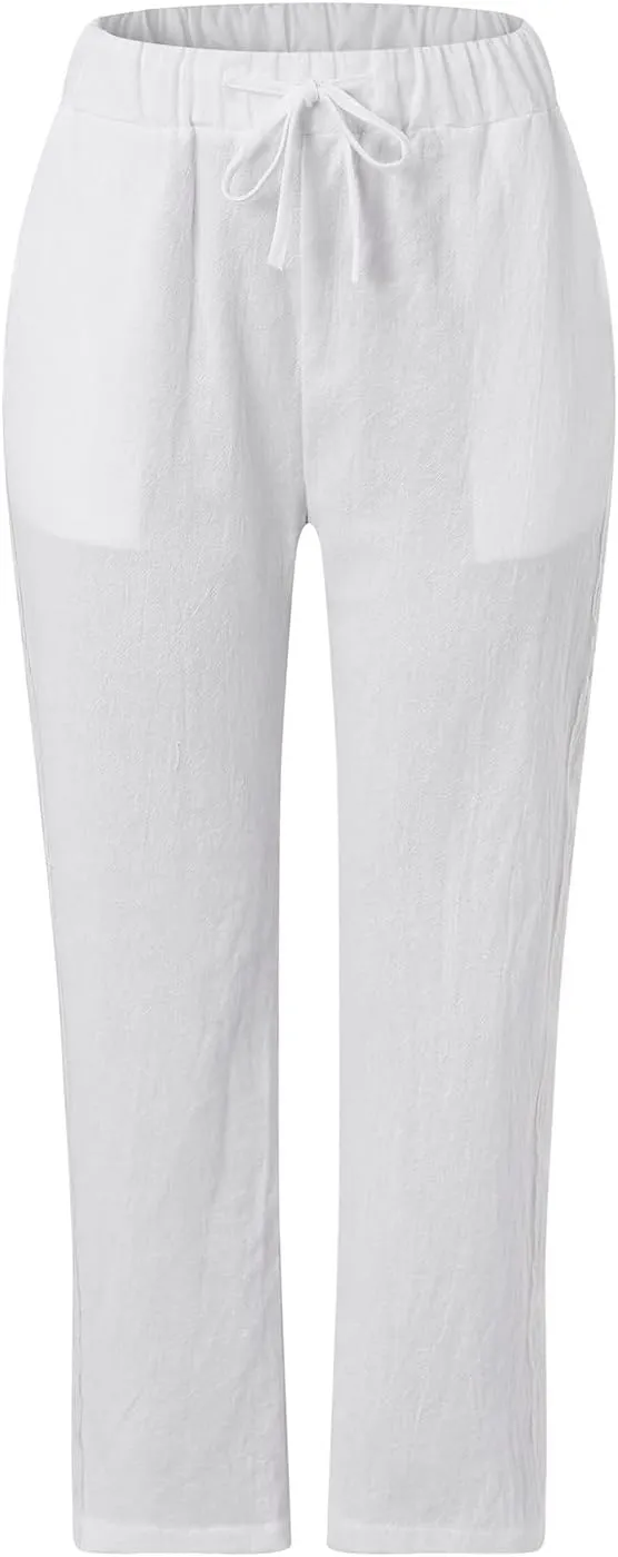 Womens Casual Embroidery Linen Pants with Pockets Drawstring Solid High Waistband Summer Beach Straight Leg Trousers