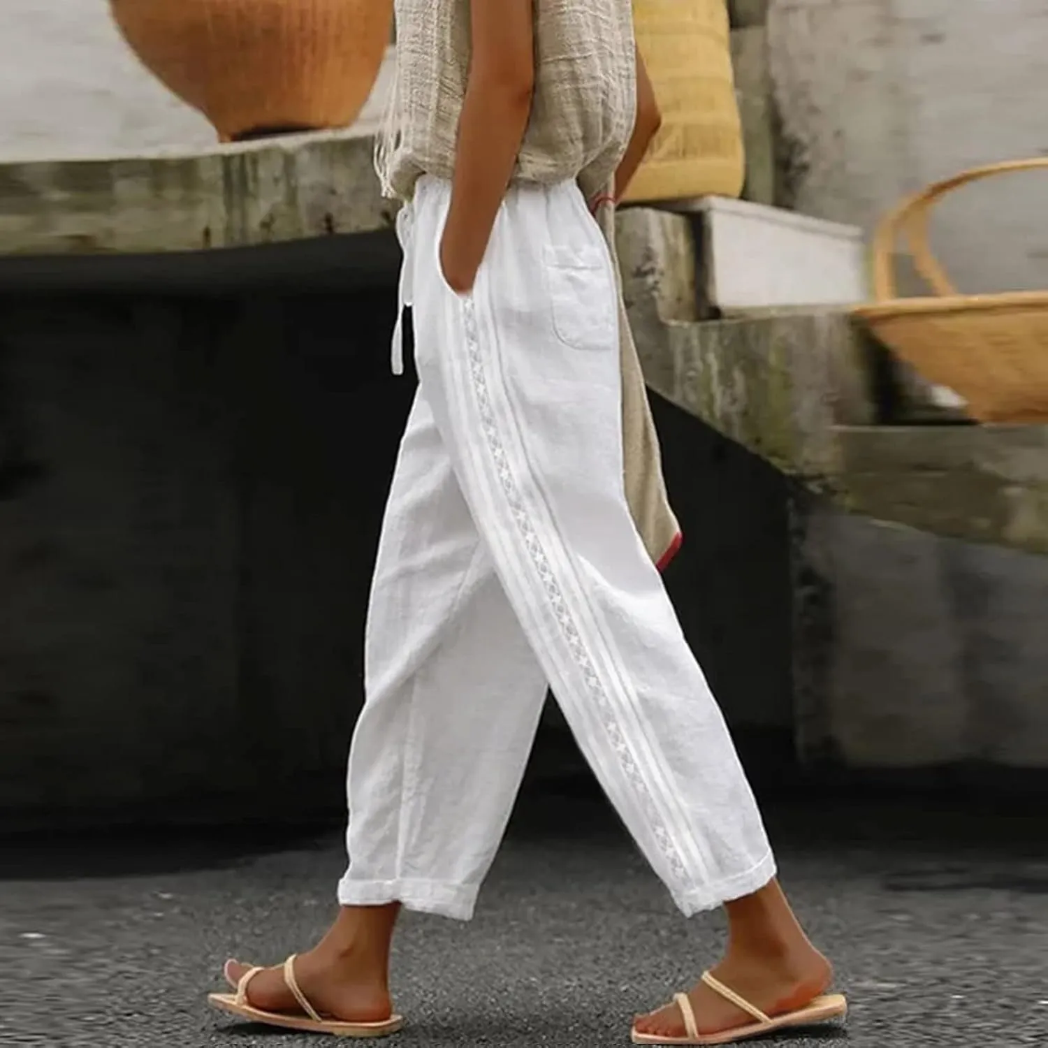 Womens Casual Embroidery Linen Pants with Pockets Drawstring Solid High Waistband Summer Beach Straight Leg Trousers