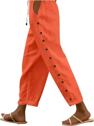 Womens Casual Lightweight Drawstring Elastic Waist Pants with Pockets Trendy Beach Straight Leg Slacks Capri Trousers