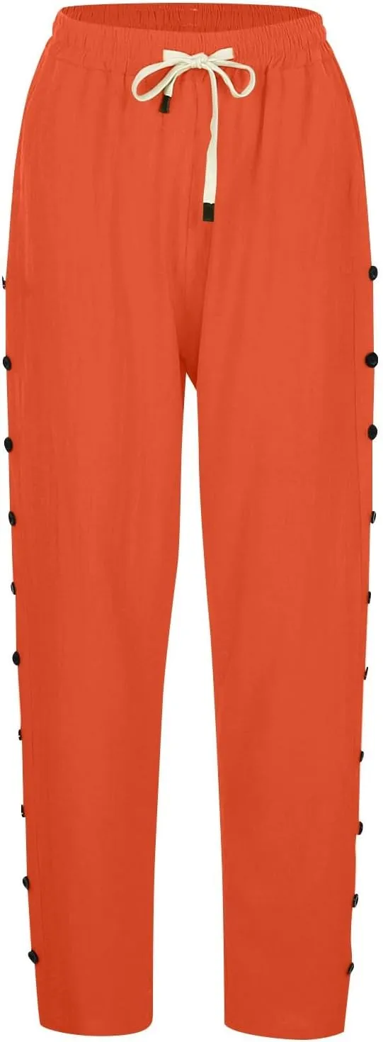 Womens Casual Lightweight Drawstring Elastic Waist Pants with Pockets Trendy Beach Straight Leg Slacks Capri Trousers