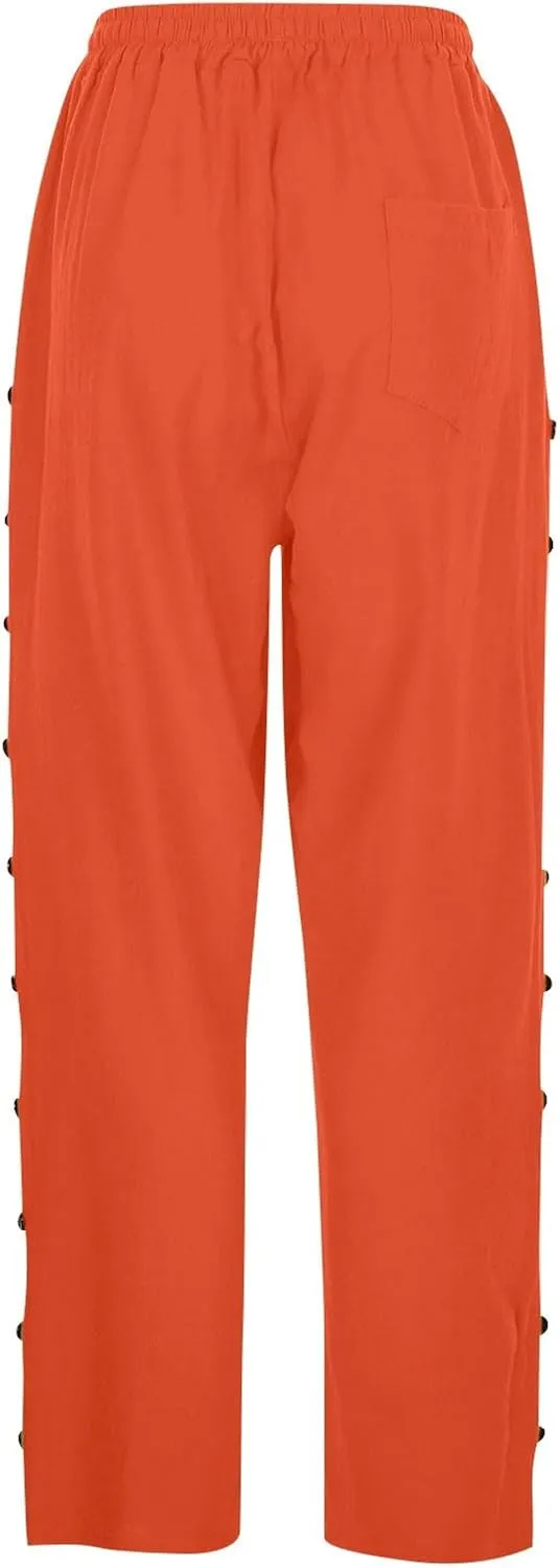 Womens Casual Lightweight Drawstring Elastic Waist Pants with Pockets Trendy Beach Straight Leg Slacks Capri Trousers