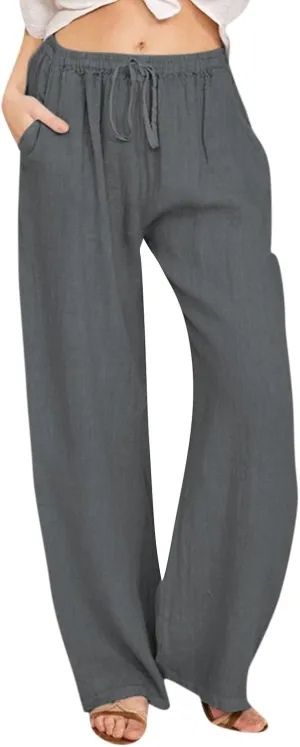 Womens Casual Linen High Waist Pants Drawstring Loose Fit Summer Pants Trousers with Side Pockets