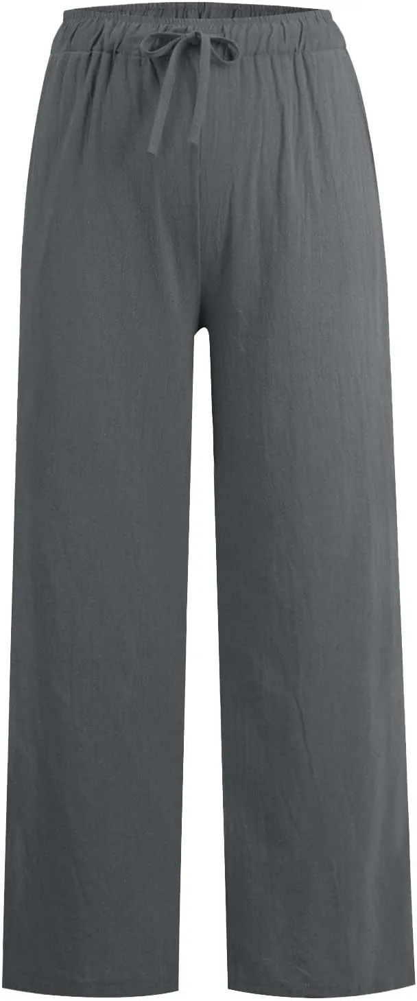 Womens Casual Linen High Waist Pants Drawstring Loose Fit Summer Pants Trousers with Side Pockets