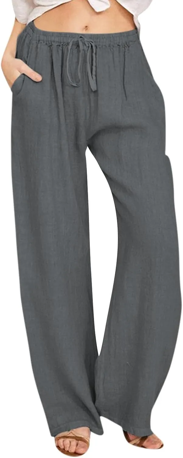Womens Casual Linen High Waist Pants Drawstring Loose Fit Summer Pants Trousers with Side Pockets