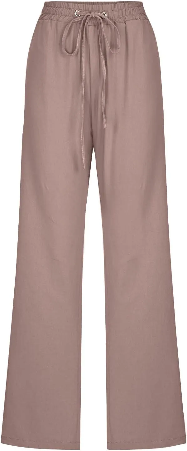 Womens Casual Linen High Waist Pants Plus Size Drawstring Summer Beach Pants Loose Lightweight Trousers with Pockets