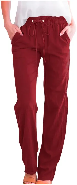 Womens Casual Linen High Waist Pants Plus Size Drawstring Summer Beach Pants Loose Lightweight Trousers with Pockets