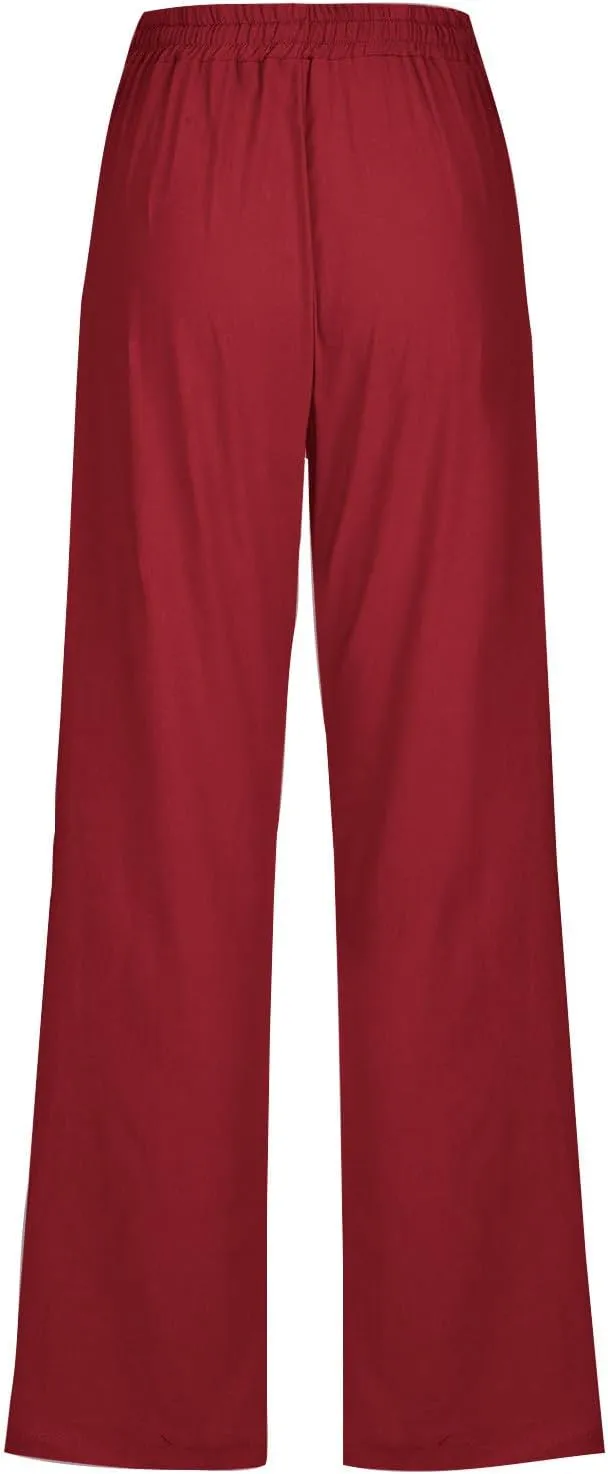 Womens Casual Linen High Waist Pants Plus Size Drawstring Summer Beach Pants Loose Lightweight Trousers with Pockets
