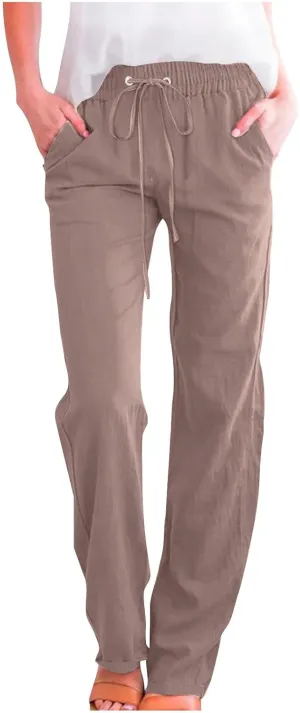 Womens Casual Linen High Waist Pants Plus Size Drawstring Summer Beach Pants Loose Lightweight Trousers with Pockets