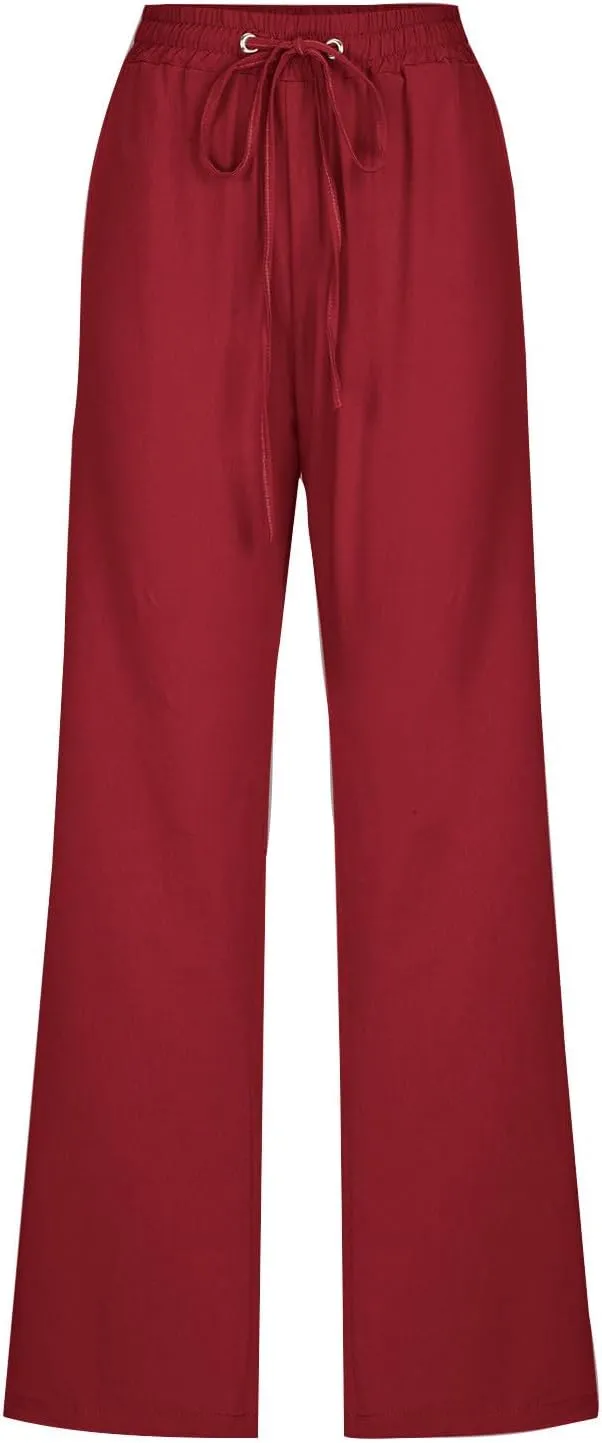 Womens Casual Linen High Waist Pants Plus Size Drawstring Summer Beach Pants Loose Lightweight Trousers with Pockets