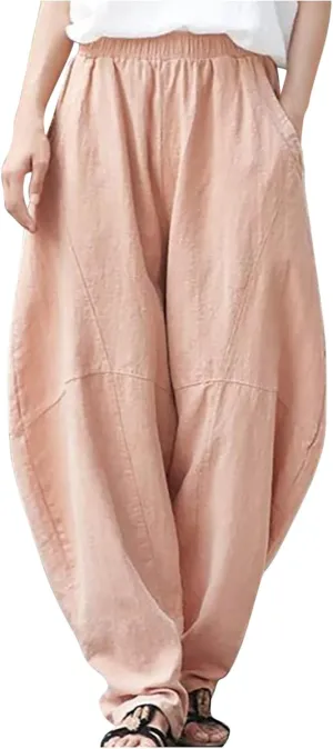 Womens Casual Linen Trouser Elastic Waist Relax Fit Cotton Harem Pant Slouchy Baggy Lantern Pant Spring Summer Slacks