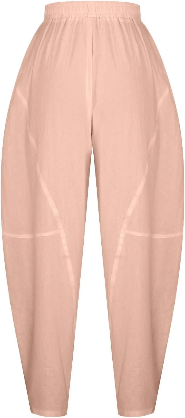 Womens Casual Linen Trouser Elastic Waist Relax Fit Cotton Harem Pant Slouchy Baggy Lantern Pant Spring Summer Slacks