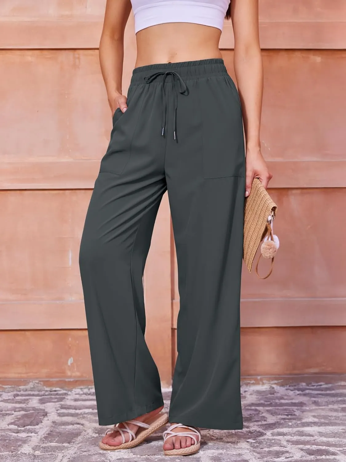 Women's Casual Pants with Drawstring Lightweight Wide Leg Pants High Waisted Slacks