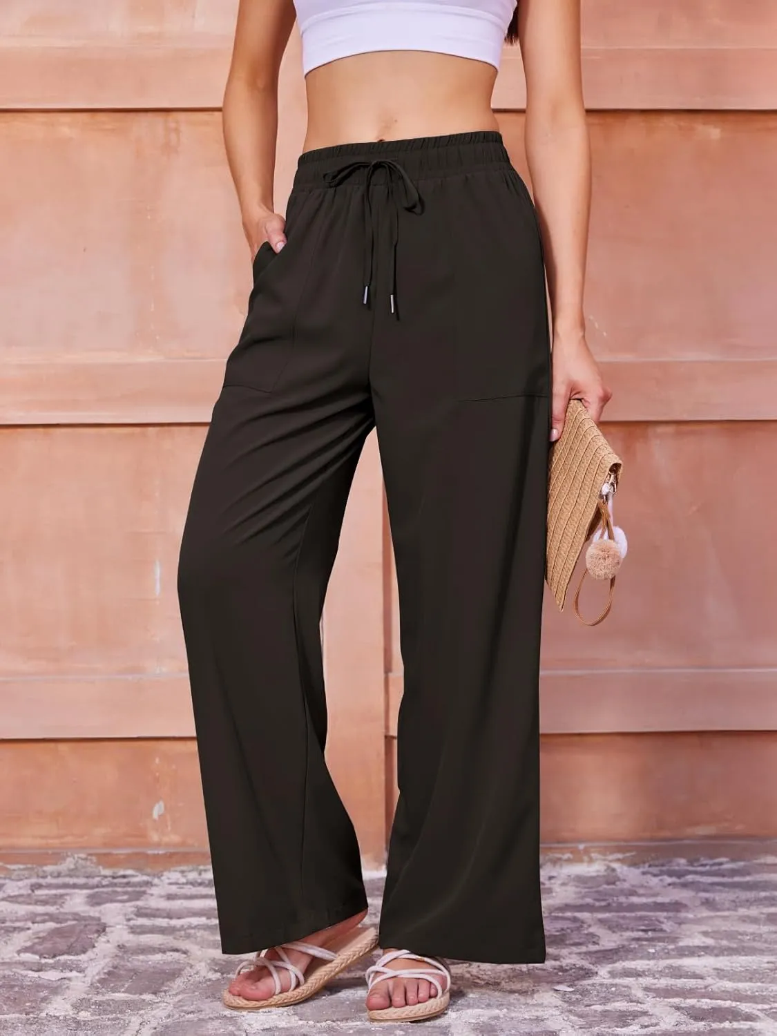 Women's Casual Pants with Drawstring Lightweight Wide Leg Pants High Waisted Slacks