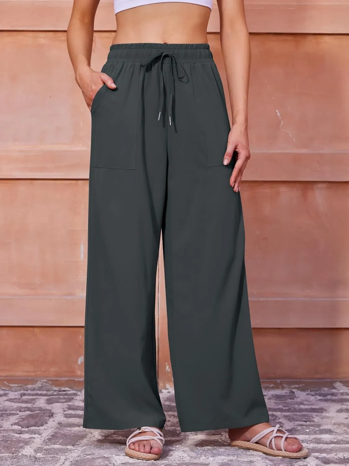 Women's Casual Pants with Drawstring Lightweight Wide Leg Pants High Waisted Slacks