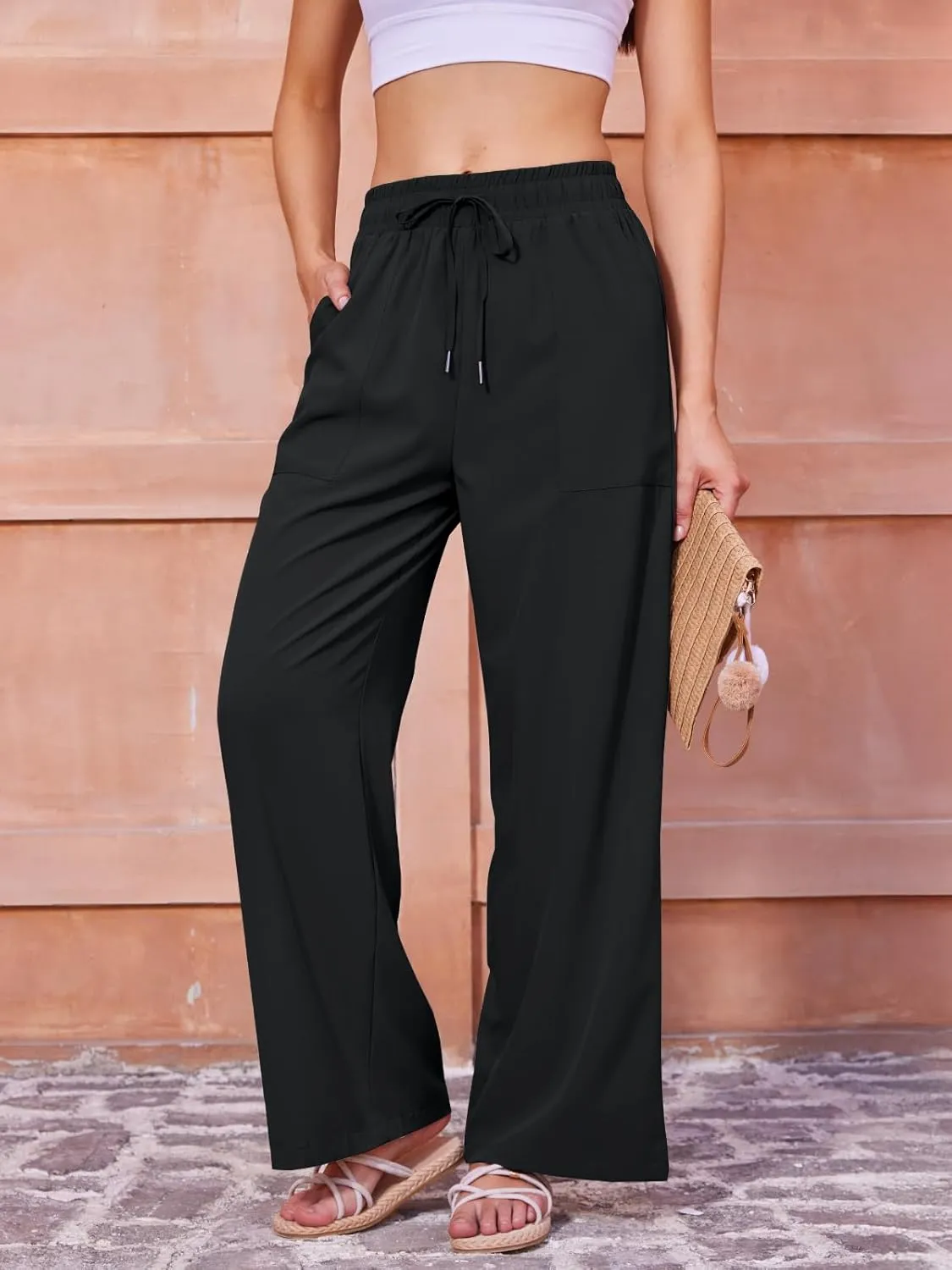 Women's Casual Pants with Drawstring Lightweight Wide Leg Pants High Waisted Slacks