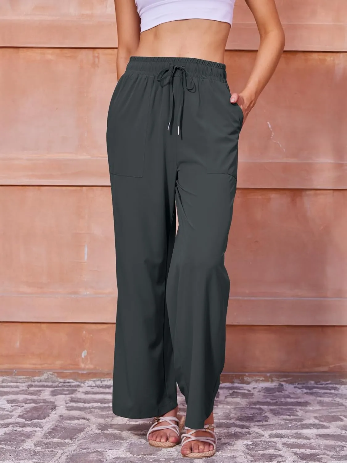 Women's Casual Pants with Drawstring Lightweight Wide Leg Pants High Waisted Slacks