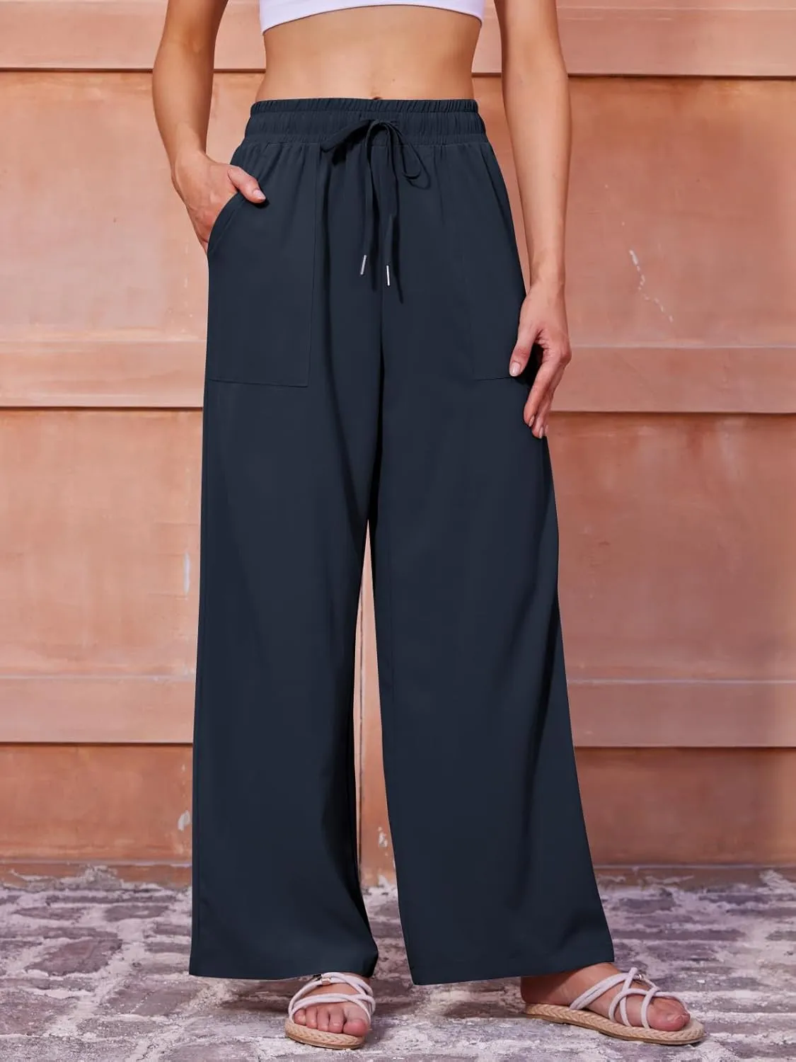 Women's Casual Pants with Drawstring Lightweight Wide Leg Pants High Waisted Slacks