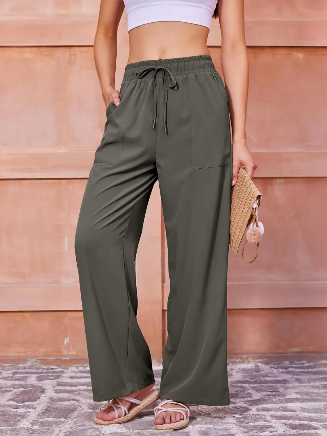 Women's Casual Pants with Drawstring Lightweight Wide Leg Pants High Waisted Slacks