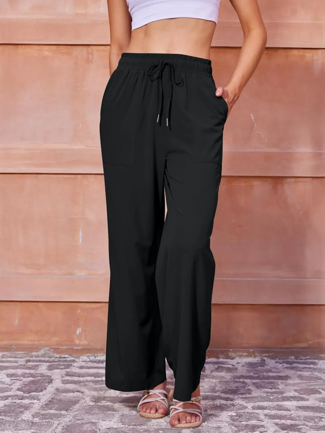 Women's Casual Pants with Drawstring Lightweight Wide Leg Pants High Waisted Slacks