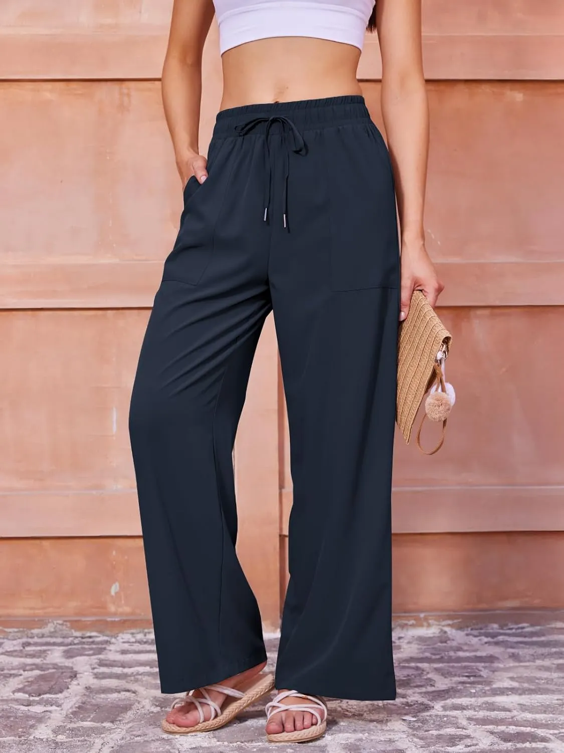 Women's Casual Pants with Drawstring Lightweight Wide Leg Pants High Waisted Slacks