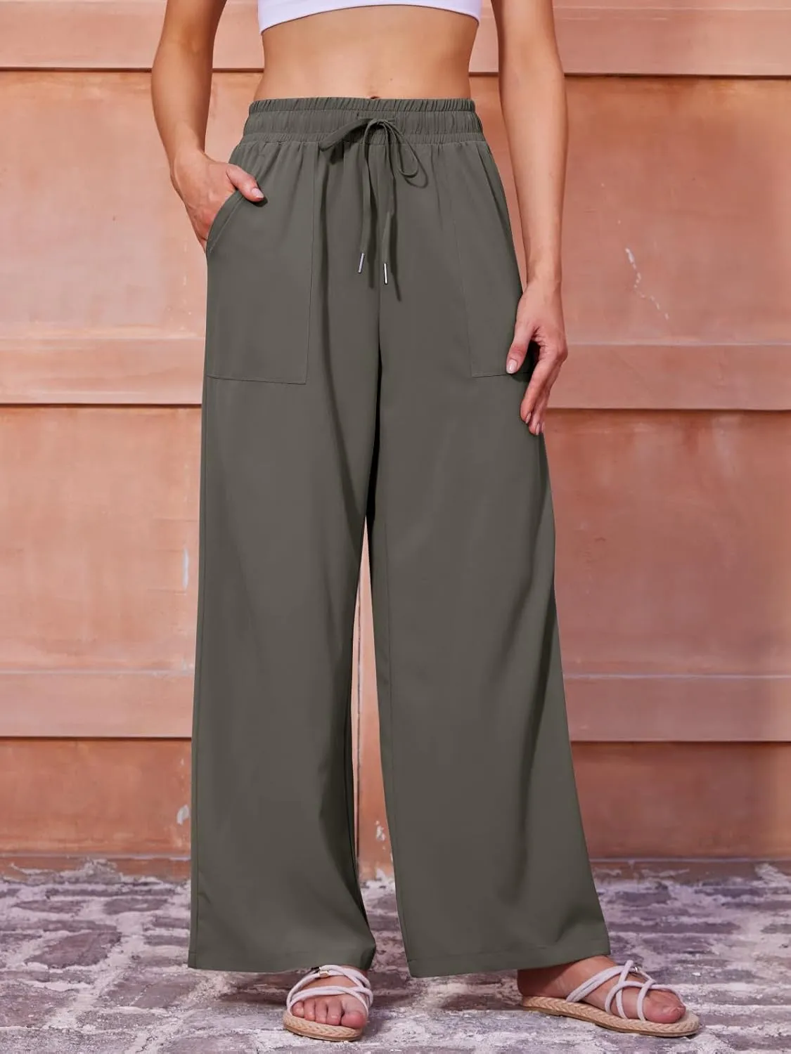 Women's Casual Pants with Drawstring Lightweight Wide Leg Pants High Waisted Slacks