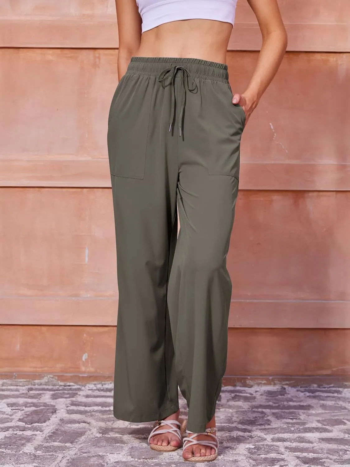 Women's Casual Pants with Drawstring Lightweight Wide Leg Pants High Waisted Slacks
