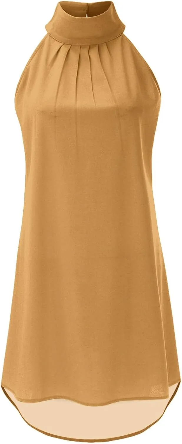 Women's Casual Tie Back Halter Neck Flared Hem Flowy Pleated Beach Sundress Sleeveless Summer A Dresses for Juniors