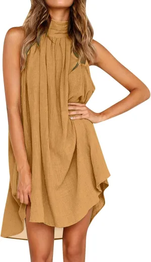 Women's Casual Tie Back Halter Neck Flared Hem Flowy Pleated Beach Sundress Sleeveless Summer A Dresses for Juniors