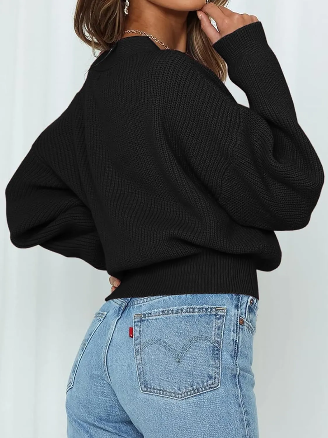 Women's Casual V Neck Wrap Sweater Pullovers Lightweight Ribbed Drop Shoulder Knitted Tops