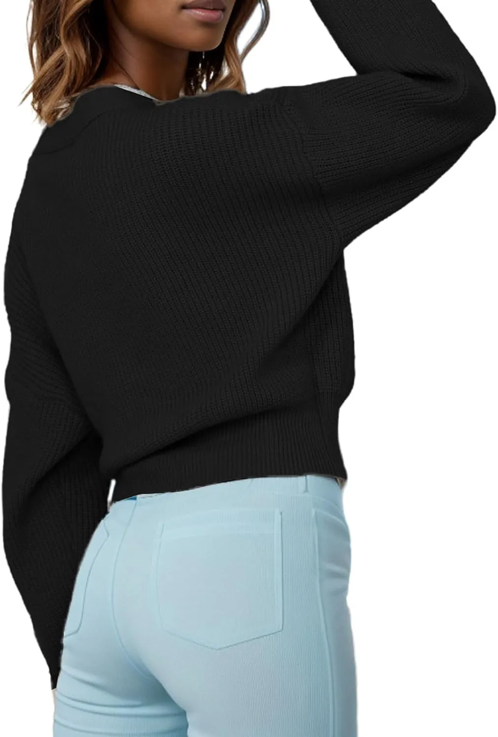 Women's Casual V Neck Wrap Sweater Pullovers Lightweight Ribbed Drop Shoulder Knitted Tops