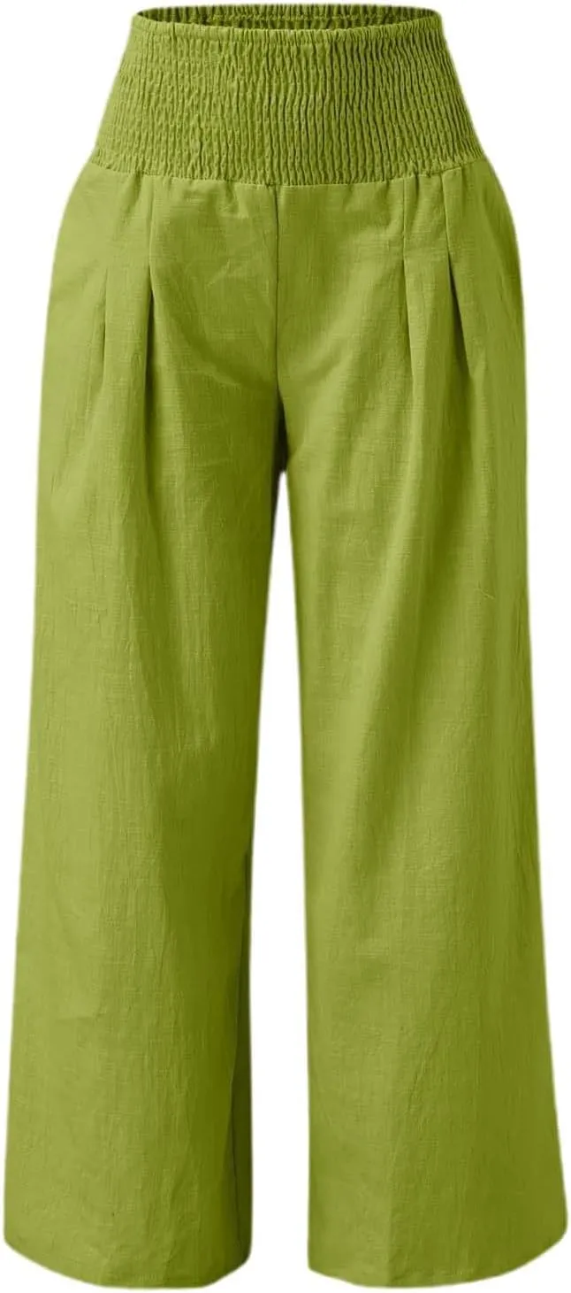 Women's Casual Wide Leg Pants Smocked High Waist Baggy Comfy Palazzo Pants Stretchy Loose-Fit Soft Flowy Trousers