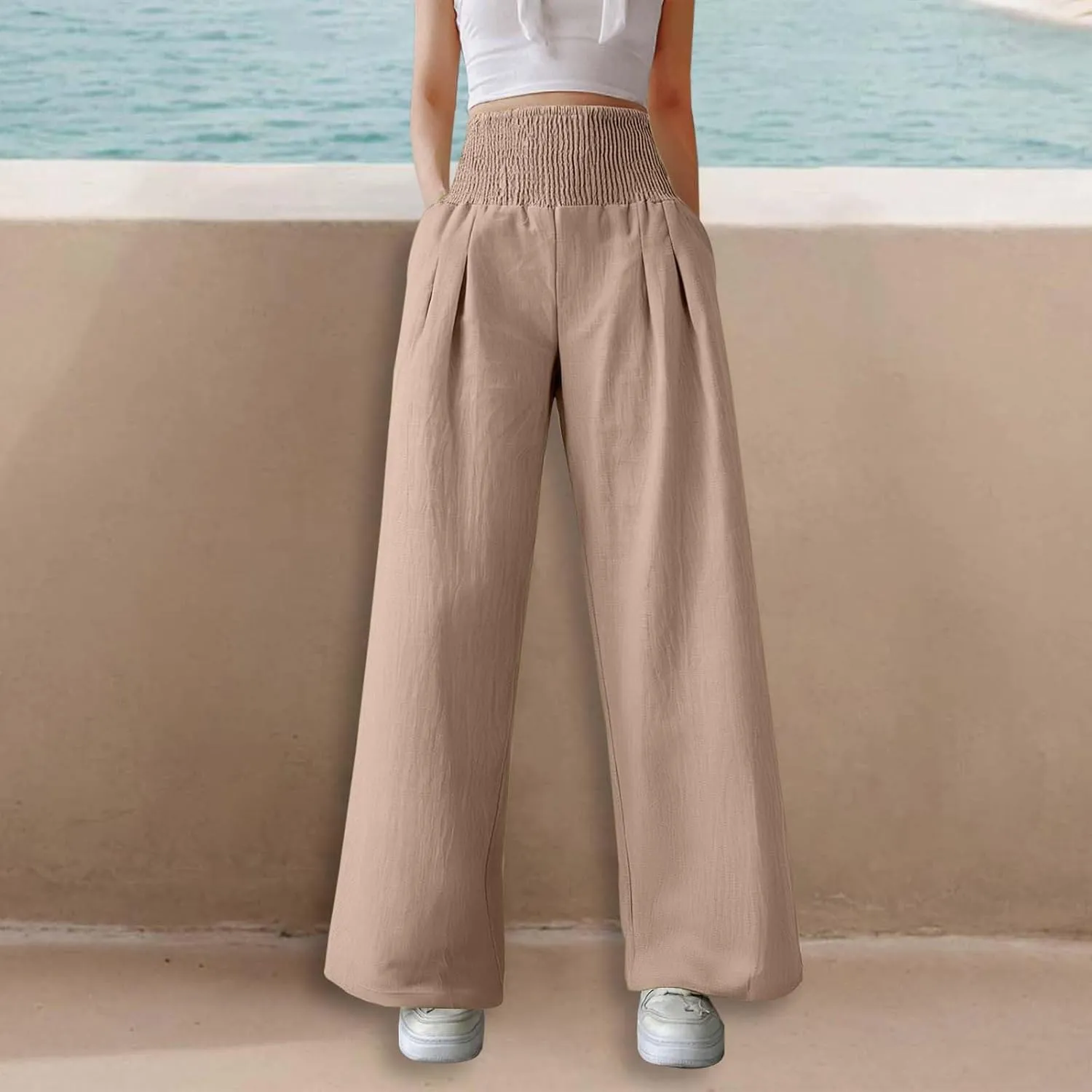 Women's Casual Wide Leg Pants Smocked High Waist Baggy Comfy Palazzo Pants Stretchy Loose-Fit Soft Flowy Trousers