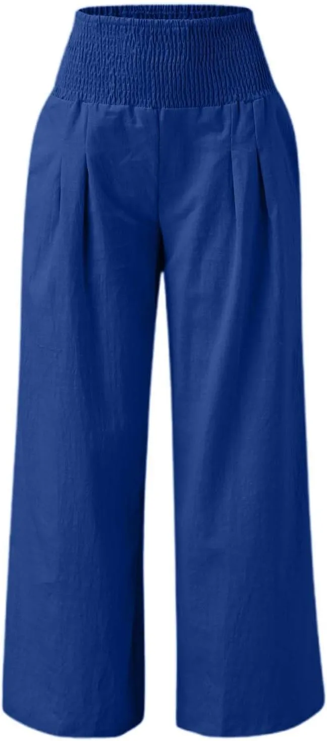 Women's Casual Wide Leg Pants Smocked High Waist Baggy Comfy Palazzo Pants Stretchy Loose-Fit Soft Flowy Trousers