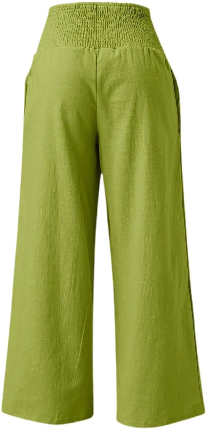 Women's Casual Wide Leg Pants Smocked High Waist Baggy Comfy Palazzo Pants Stretchy Loose-Fit Soft Flowy Trousers