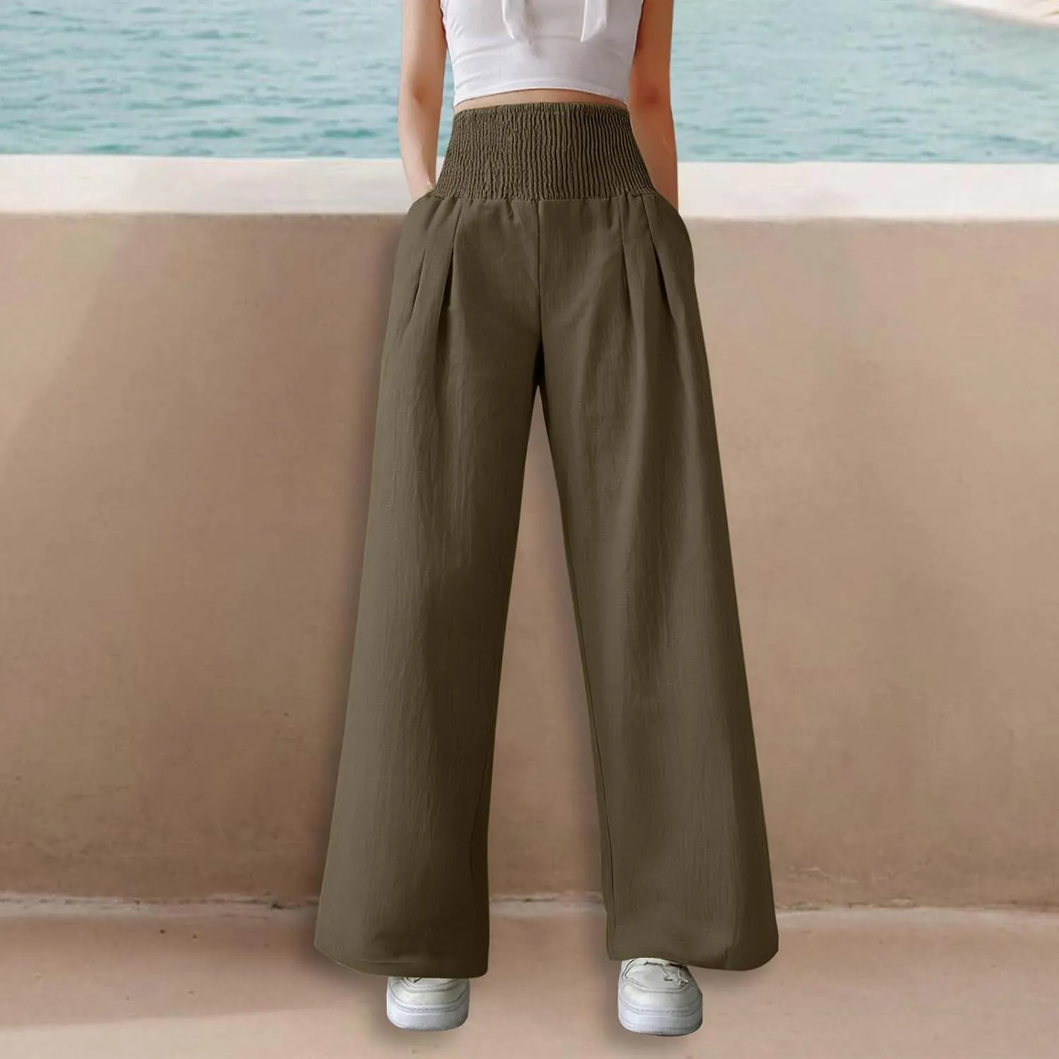 Women's Casual Wide Leg Pants Smocked High Waist Baggy Comfy Palazzo Pants Stretchy Loose-Fit Soft Flowy Trousers