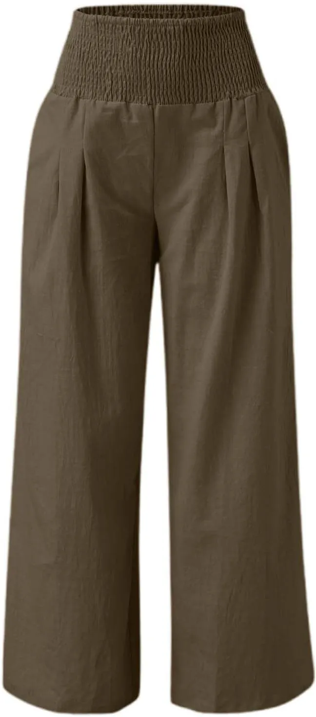 Women's Casual Wide Leg Pants Smocked High Waist Baggy Comfy Palazzo Pants Stretchy Loose-Fit Soft Flowy Trousers