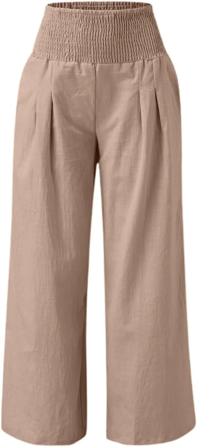 Women's Casual Wide Leg Pants Smocked High Waist Baggy Comfy Palazzo Pants Stretchy Loose-Fit Soft Flowy Trousers
