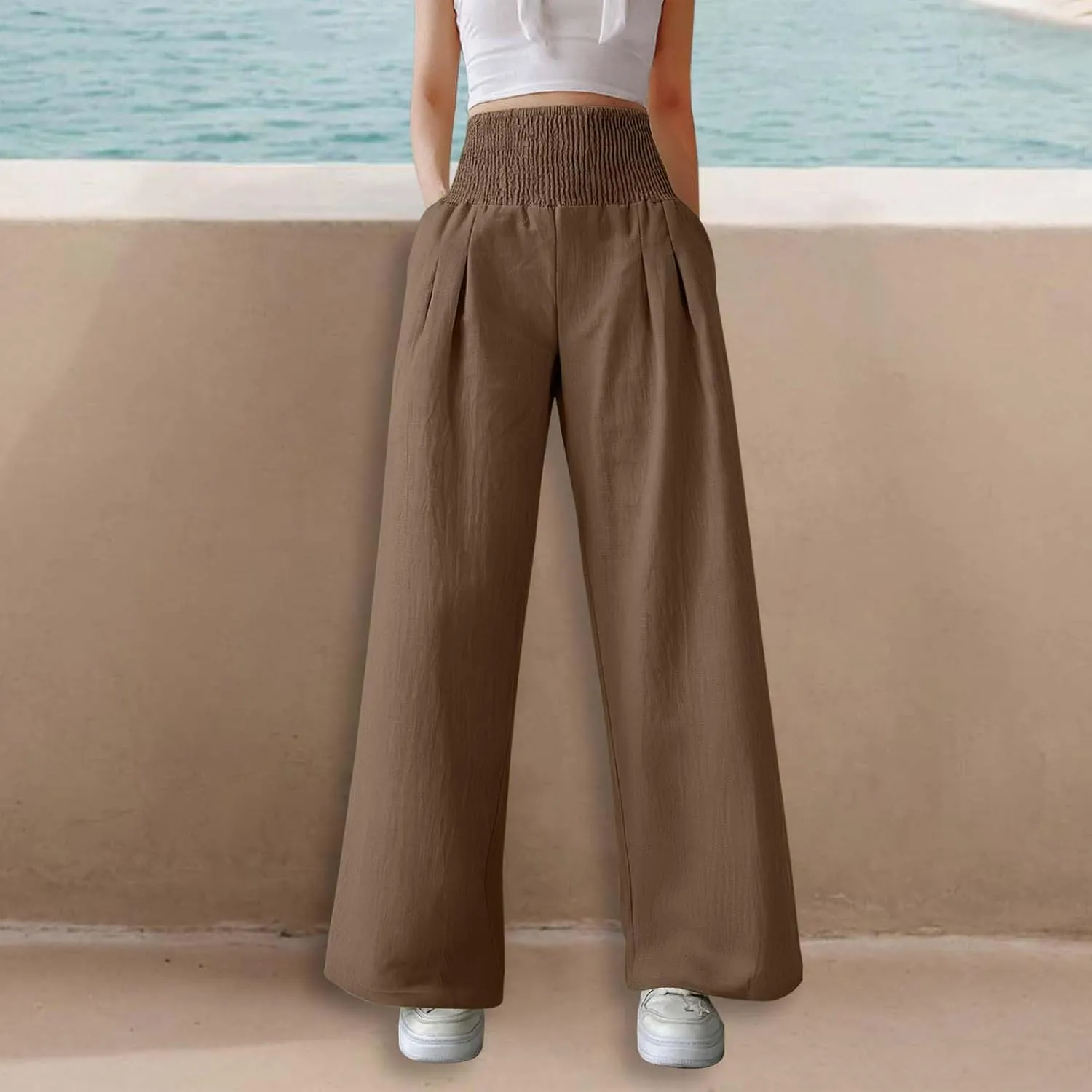 Women's Casual Wide Leg Pants Smocked High Waist Baggy Comfy Palazzo Pants Stretchy Loose-Fit Soft Flowy Trousers
