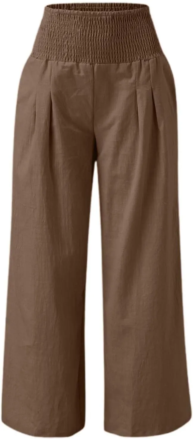Women's Casual Wide Leg Pants Smocked High Waist Baggy Comfy Palazzo Pants Stretchy Loose-Fit Soft Flowy Trousers