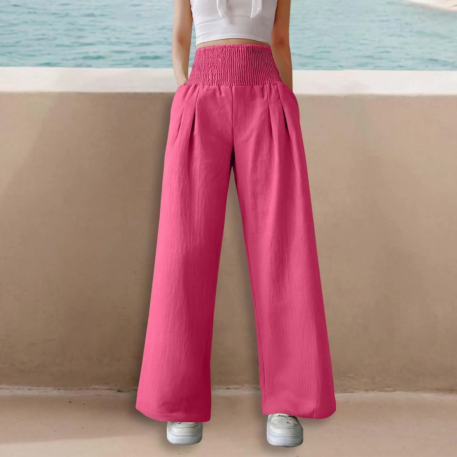 Women's Casual Wide Leg Pants Smocked High Waist Baggy Comfy Palazzo Pants Stretchy Loose-Fit Soft Flowy Trousers
