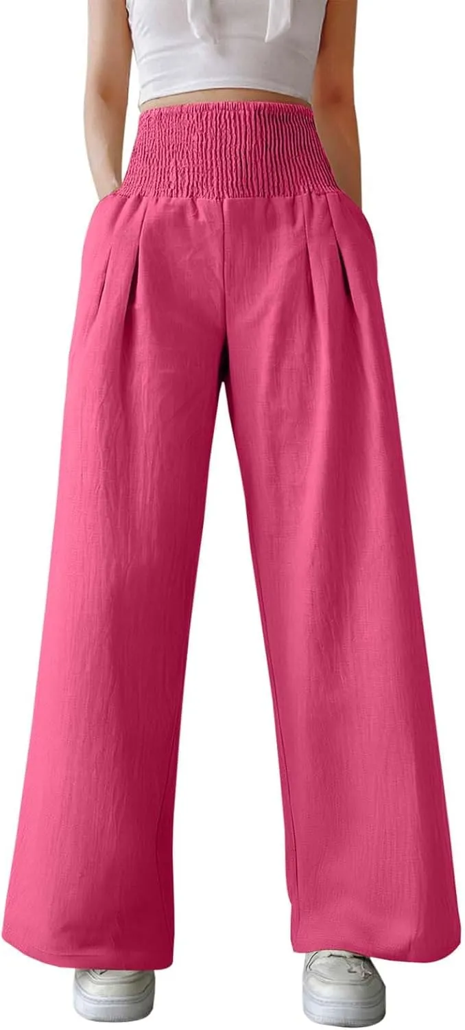 Women's Casual Wide Leg Pants Smocked High Waist Baggy Comfy Palazzo Pants Stretchy Loose-Fit Soft Flowy Trousers