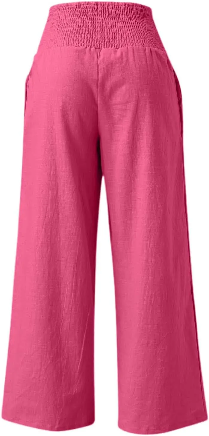 Women's Casual Wide Leg Pants Smocked High Waist Baggy Comfy Palazzo Pants Stretchy Loose-Fit Soft Flowy Trousers