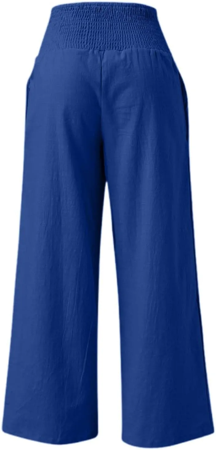 Women's Casual Wide Leg Pants Smocked High Waist Baggy Comfy Palazzo Pants Stretchy Loose-Fit Soft Flowy Trousers